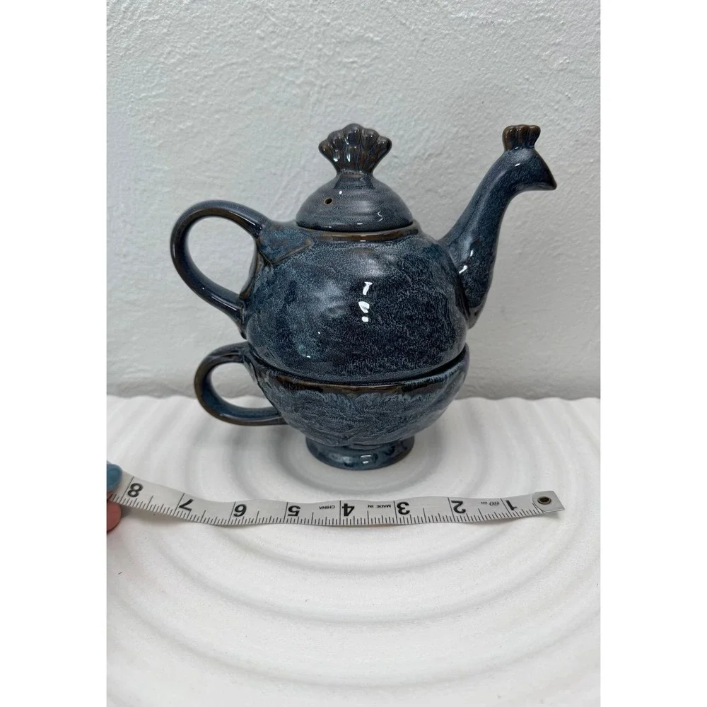 Blue Ceramic Tea for One Teapot & Cup Set Glazed Stoneware Tea Set